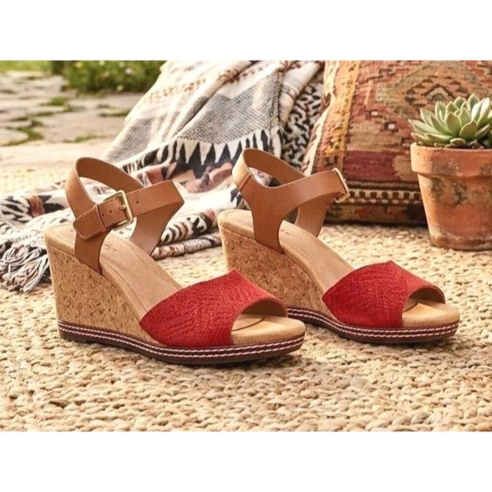 Clarks Red Suede Cork Wedge Sandals Women’s Size 8M Boho Espadrille 26108730 VGC